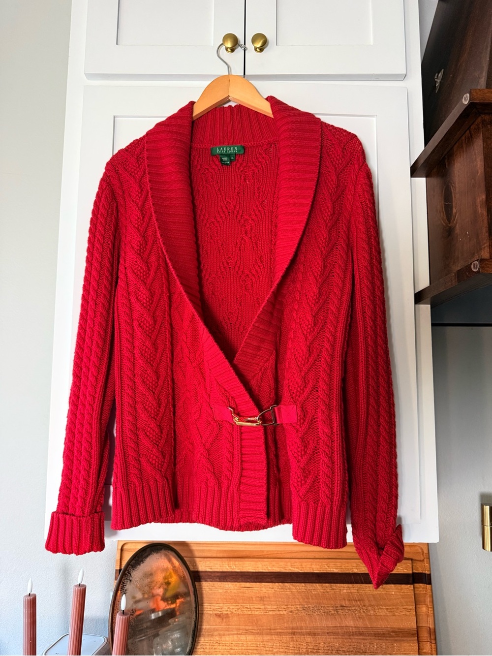 Lauren Ralph Lauren| Red Cable Knit| Belted Cardigan Sweater| XL